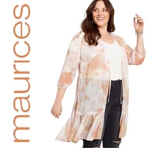 Maurices Sheer Peachy Cream Tie-Dye Tie-Waist Kimono Knee Length Ruffle Hem MED